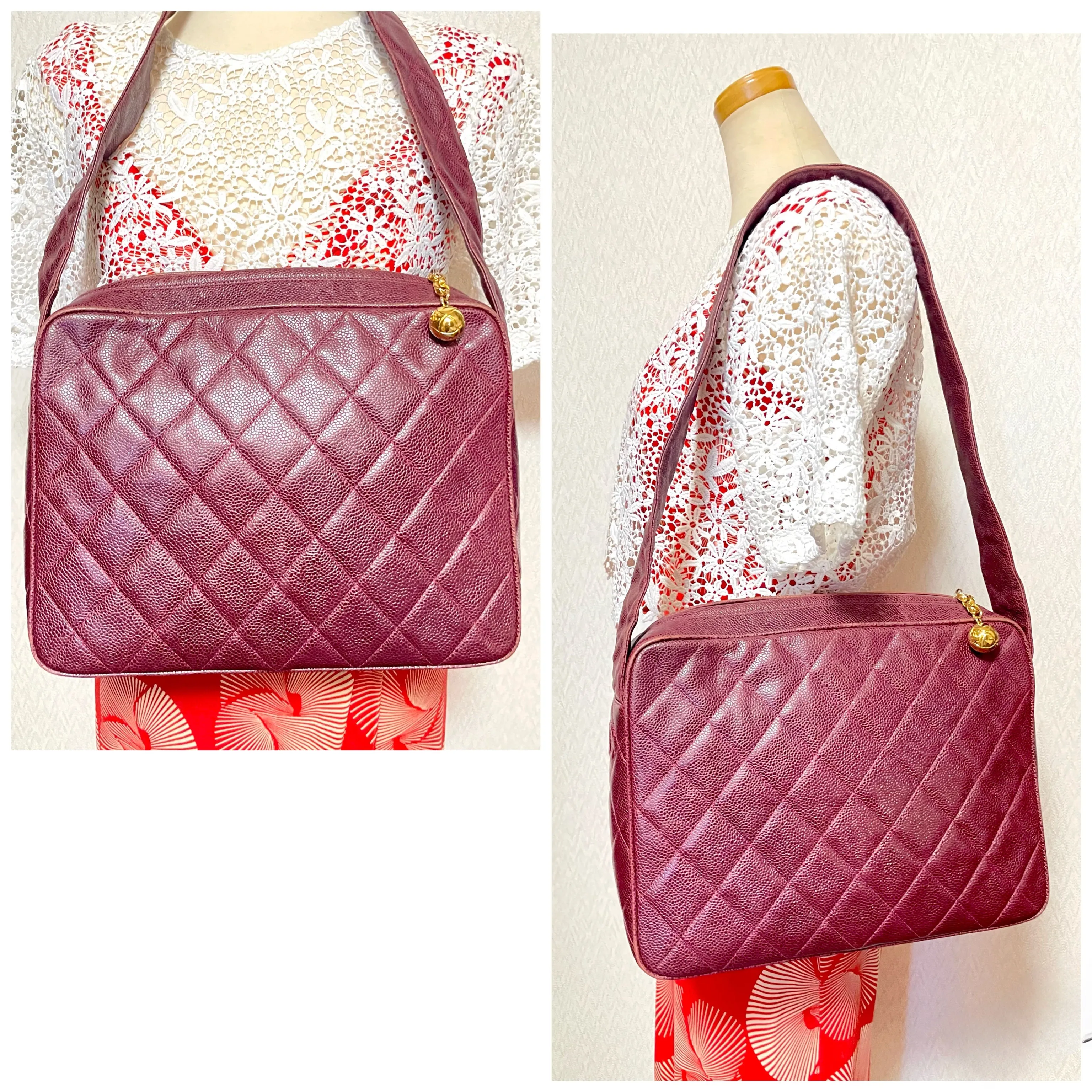 Vintage CHANEL wine caviar leather messenger large, jumbo shoulder bag with golden CC ball charm. Classic purse for daily use. 060922ys