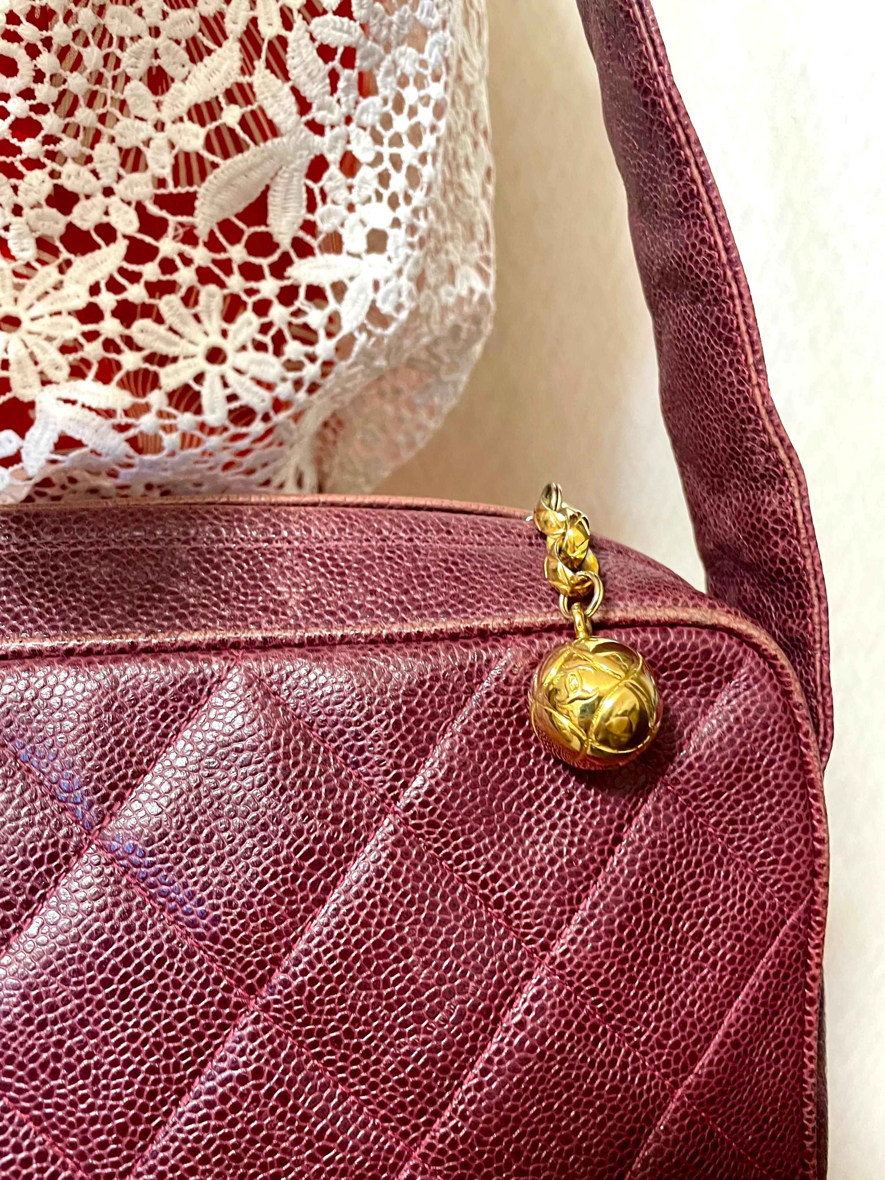 Vintage CHANEL wine caviar leather messenger large, jumbo shoulder bag with golden CC ball charm. Classic purse for daily use. 060922ys