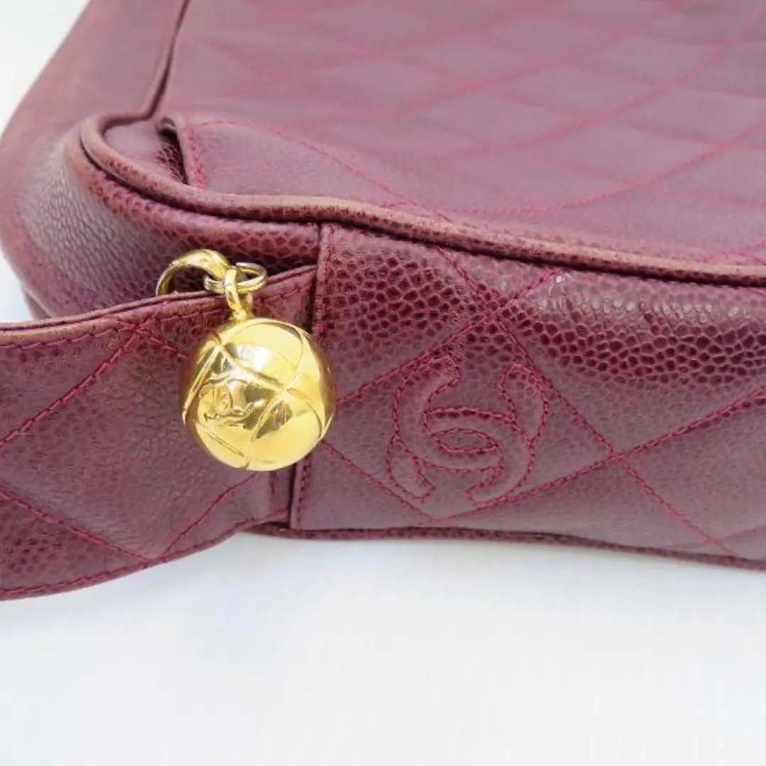 Vintage CHANEL wine caviar leather messenger large, jumbo shoulder bag with golden CC ball charm. Classic purse for daily use. 060922ys