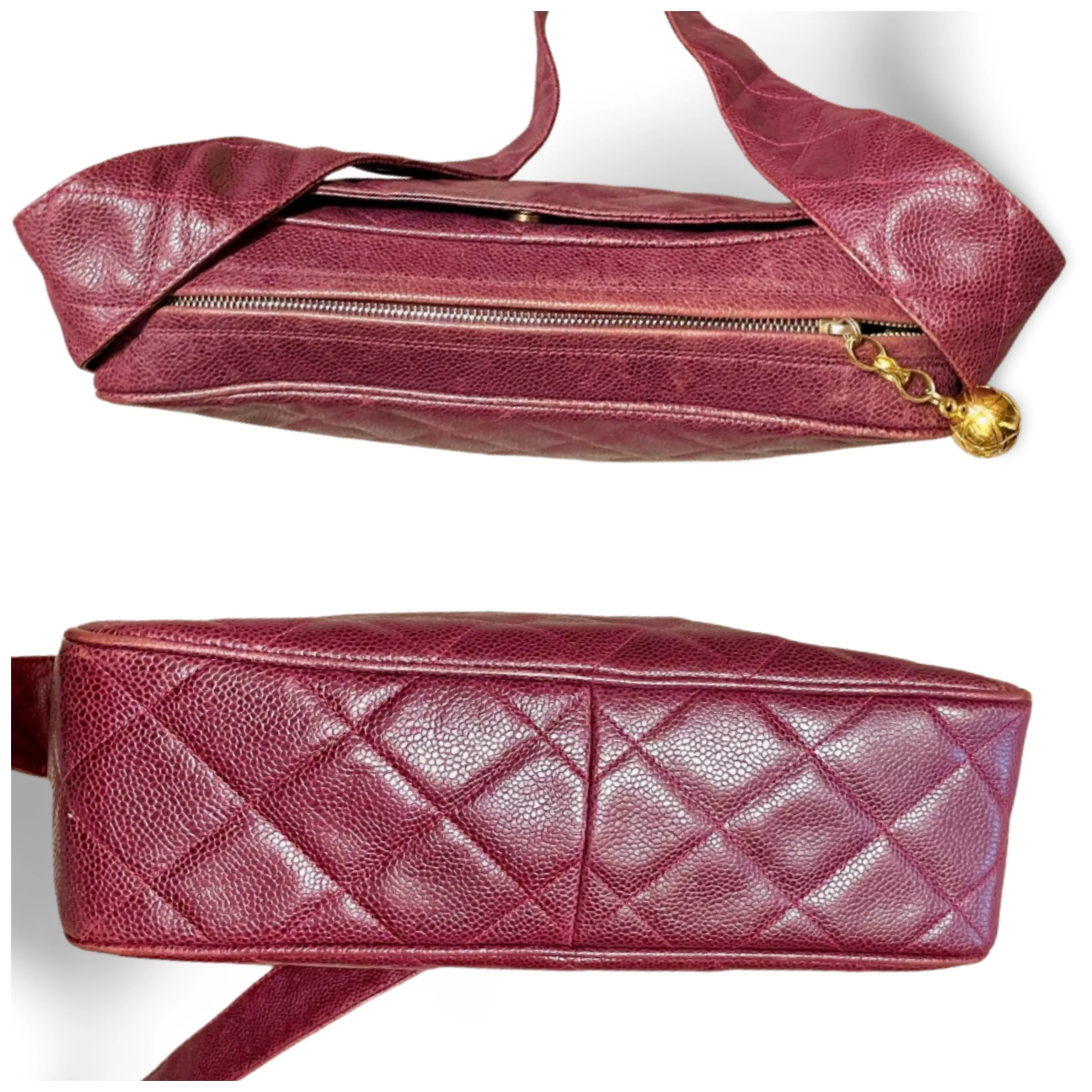 Vintage CHANEL wine caviar leather messenger large, jumbo shoulder bag with golden CC ball charm. Classic purse for daily use. 060922ys