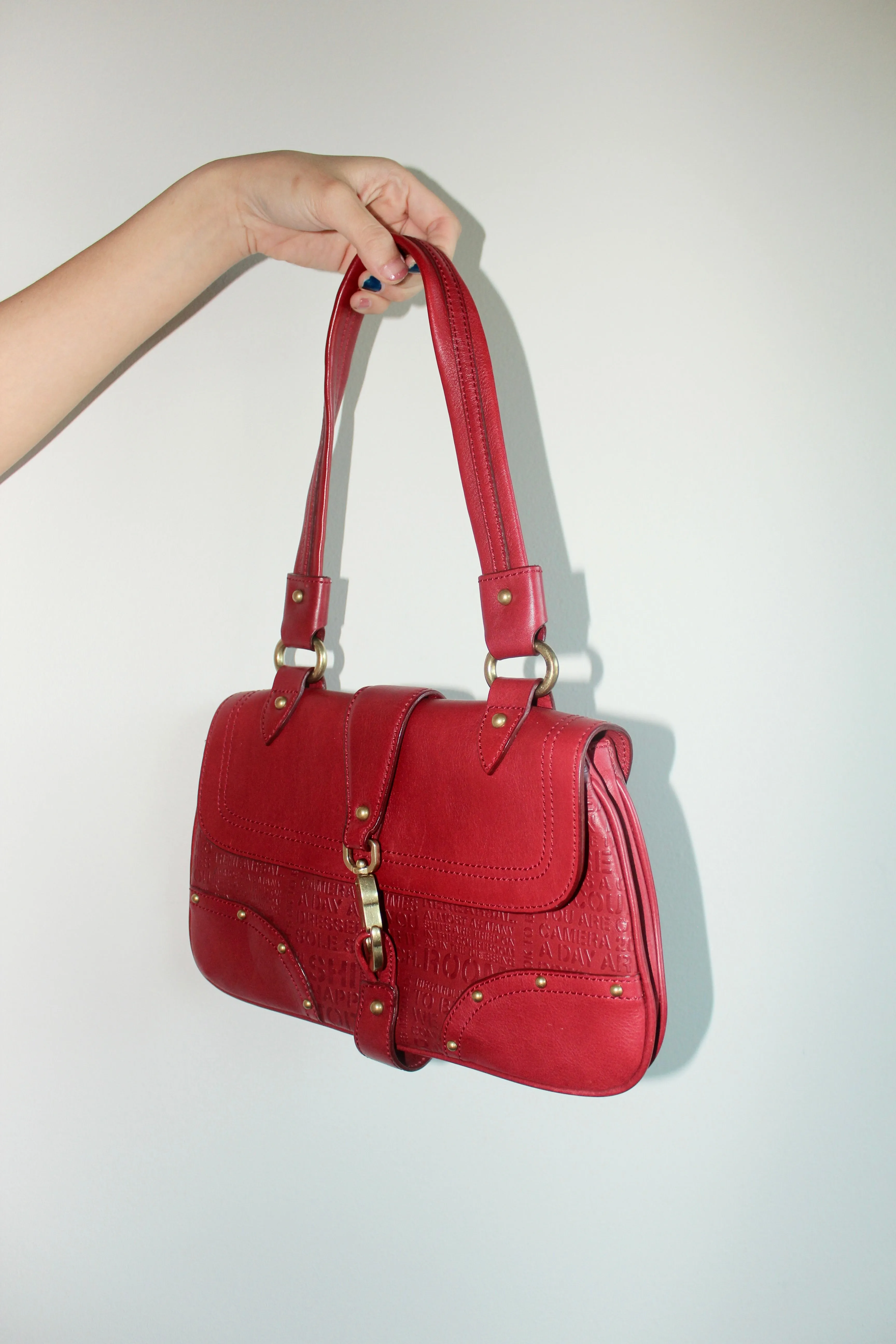 Vintage Chery Red Leather Graphic Text Purse