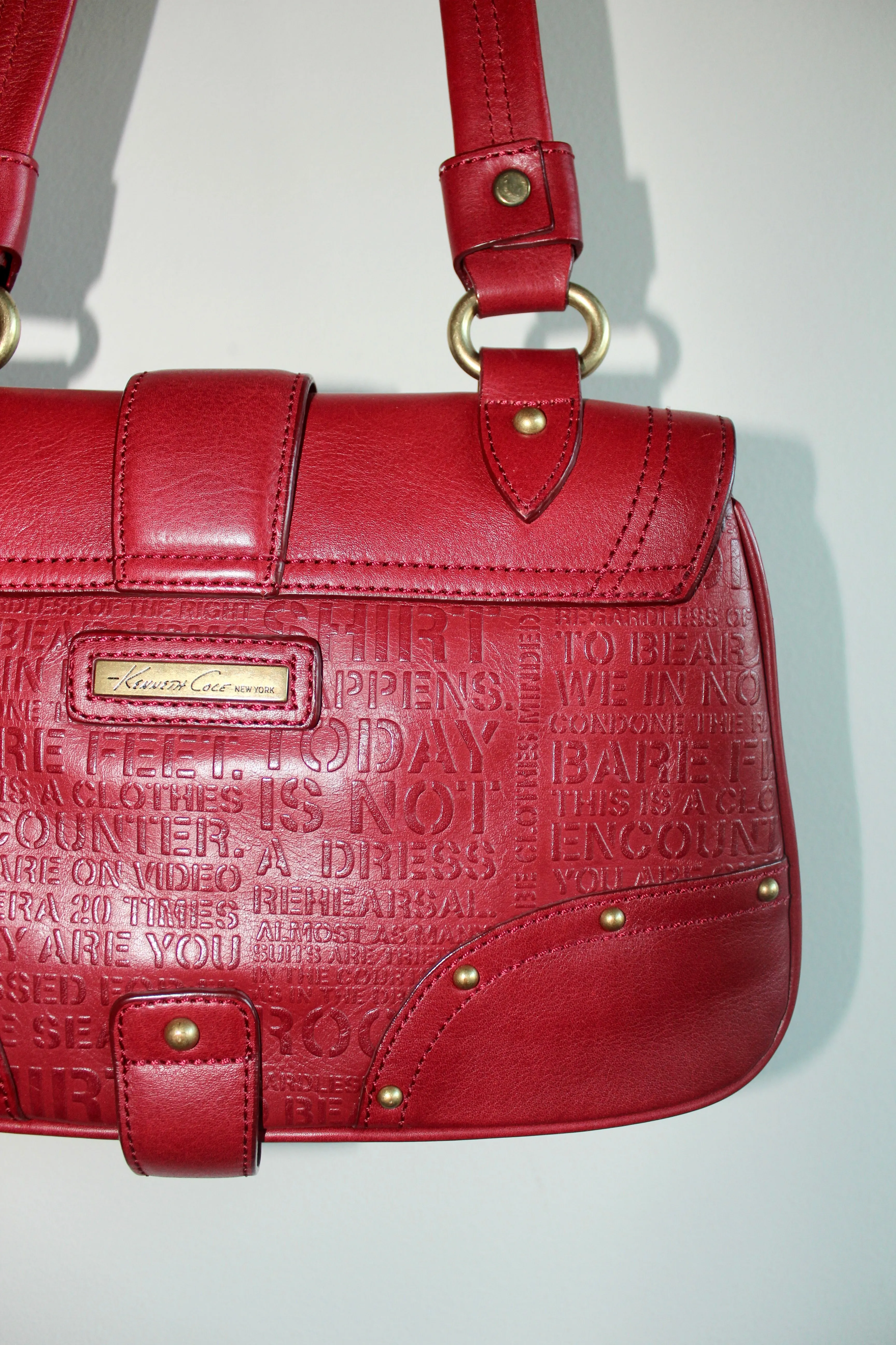 Vintage Chery Red Leather Graphic Text Purse