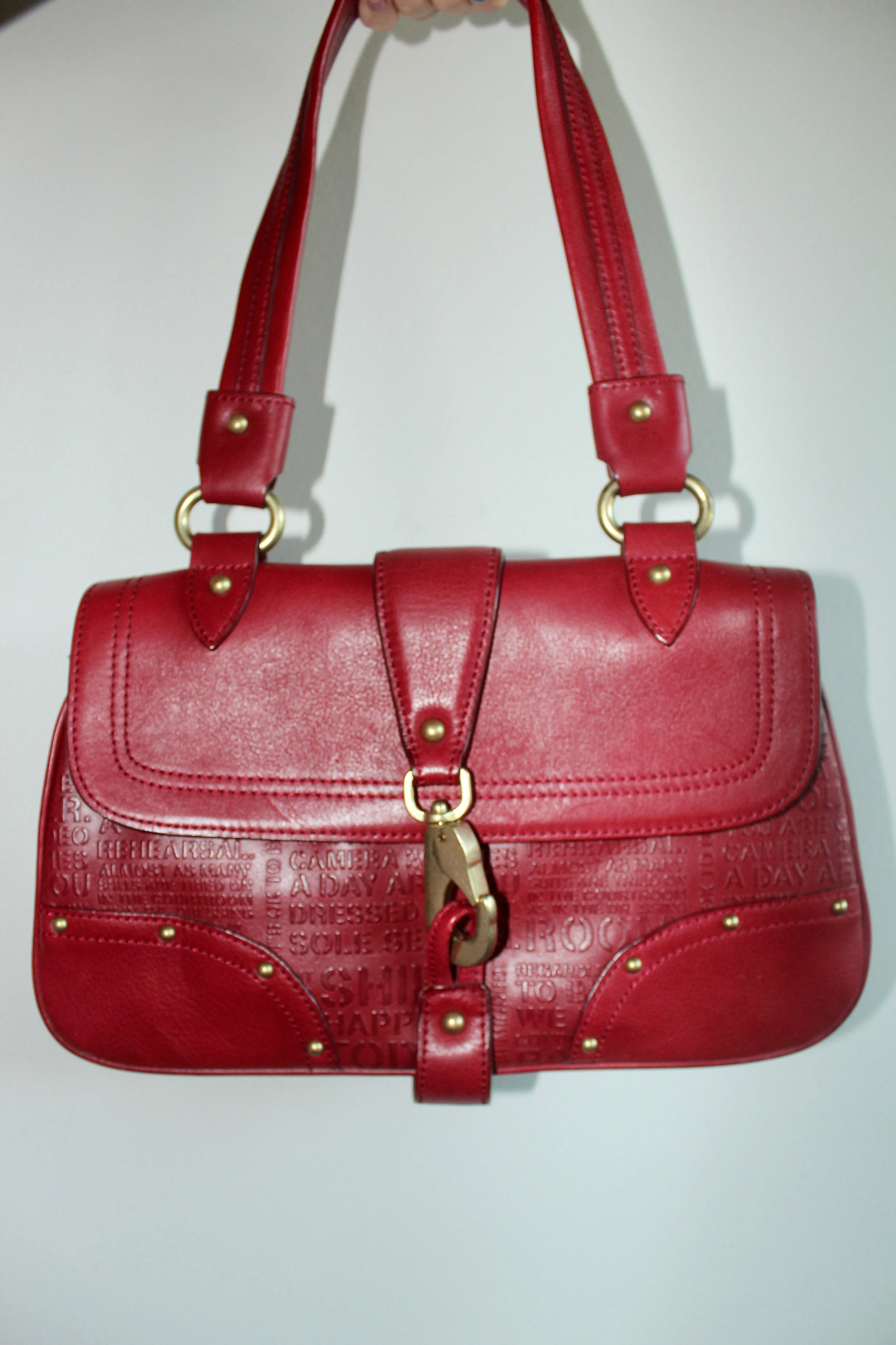 Vintage Chery Red Leather Graphic Text Purse