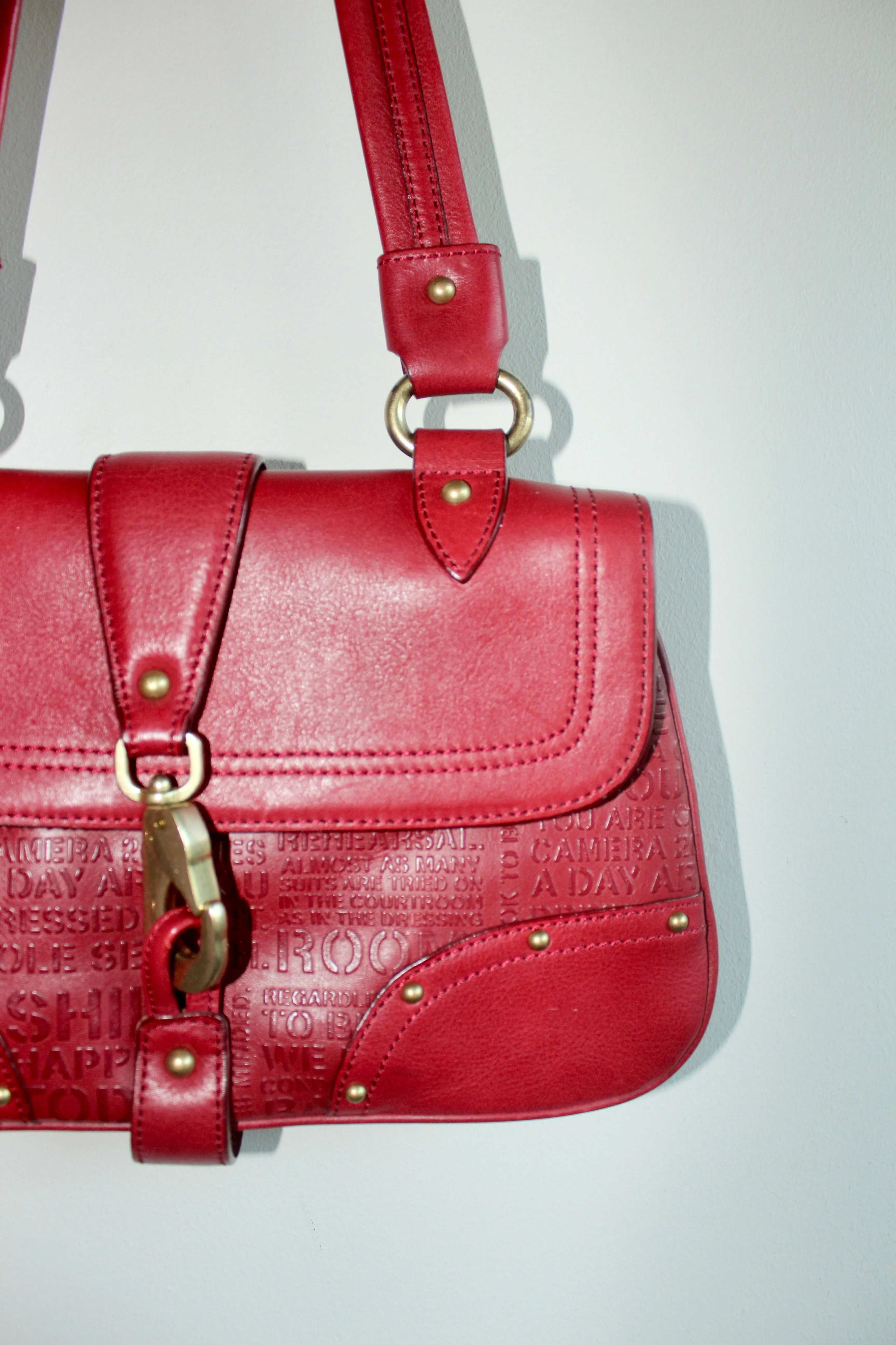Vintage Chery Red Leather Graphic Text Purse