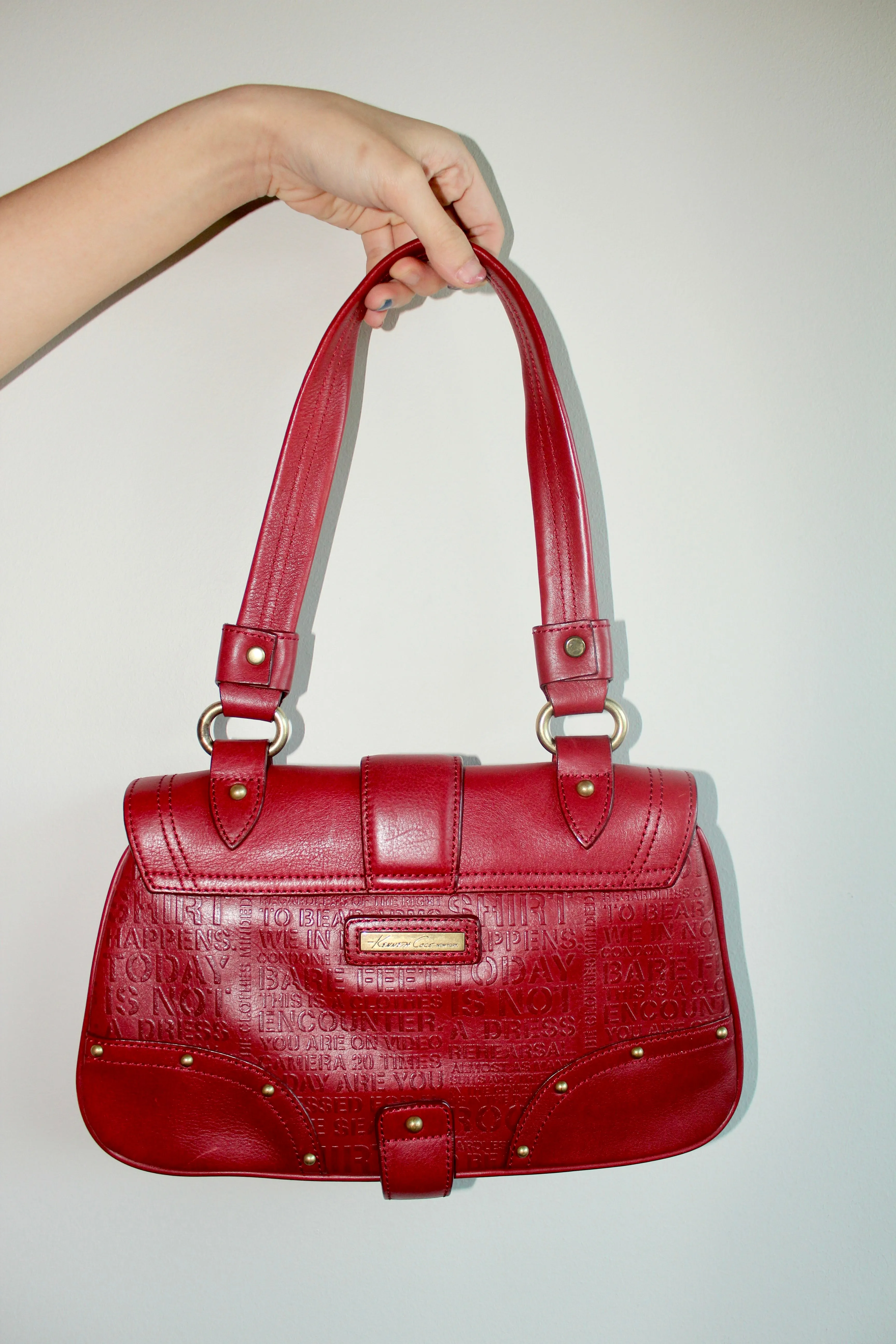Vintage Chery Red Leather Graphic Text Purse