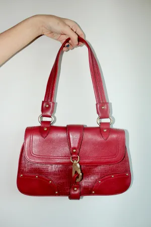 Vintage Chery Red Leather Graphic Text Purse
