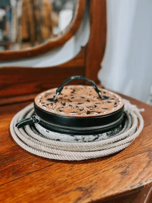 Vintage Cowgirl Brown Tooled Leather Round Makeup Case