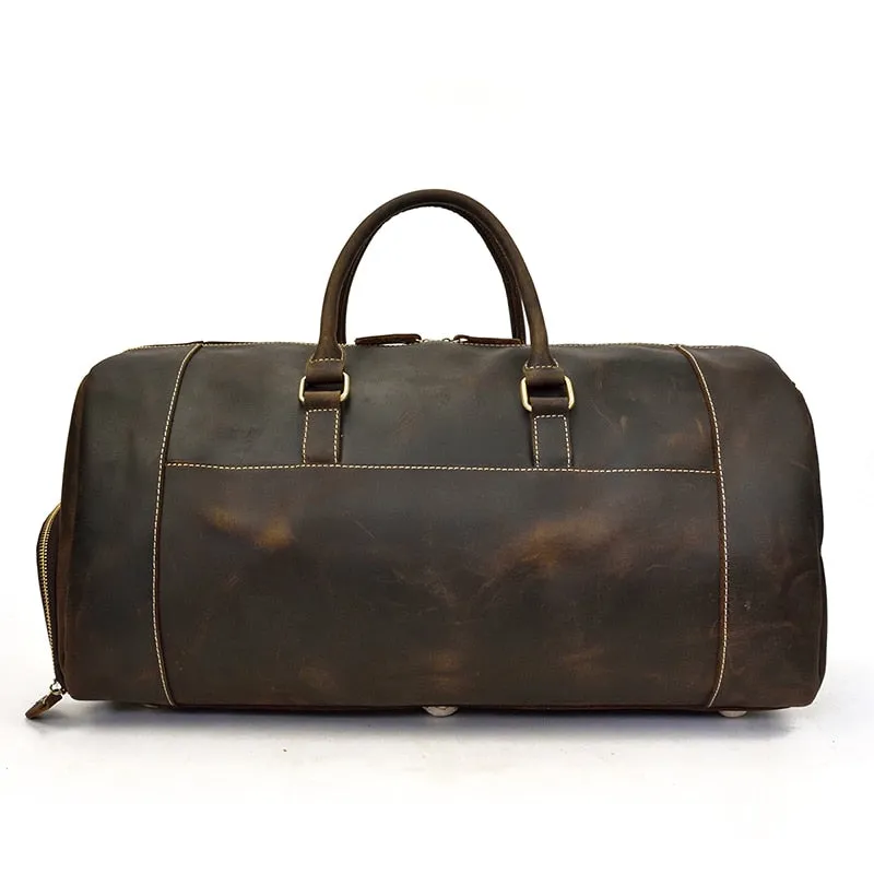 Vintage Crazy Horse Leather Travel Bag With Shoe Pocket