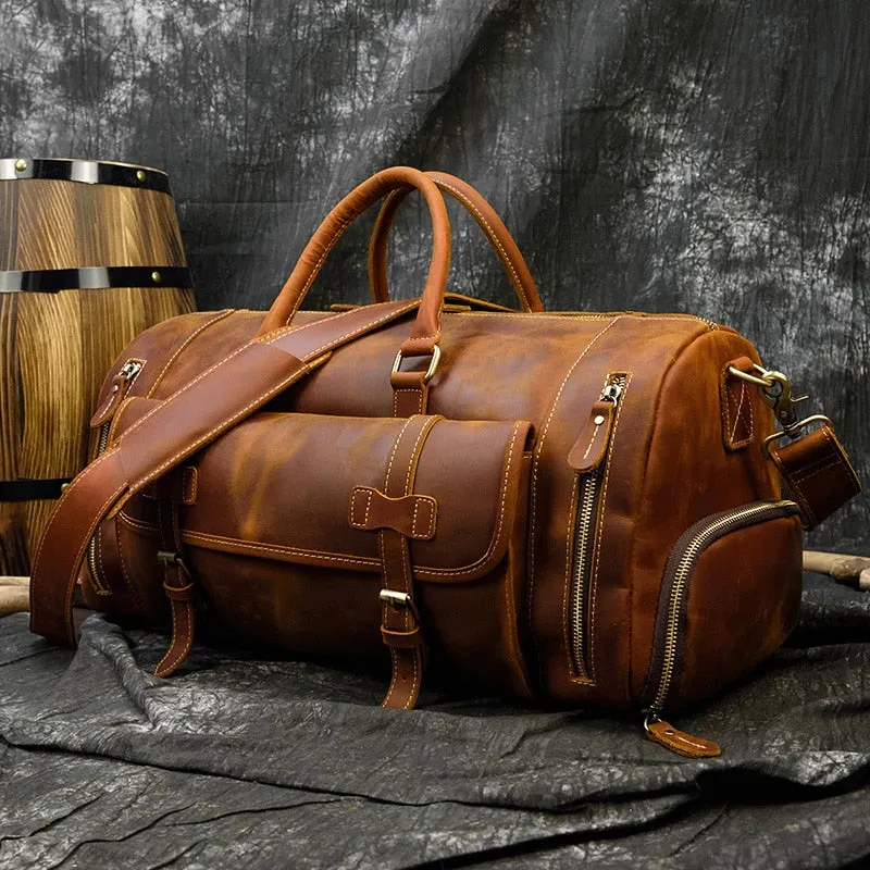 Vintage Crazy Horse Leather Travel Bag With Shoe Pocket
