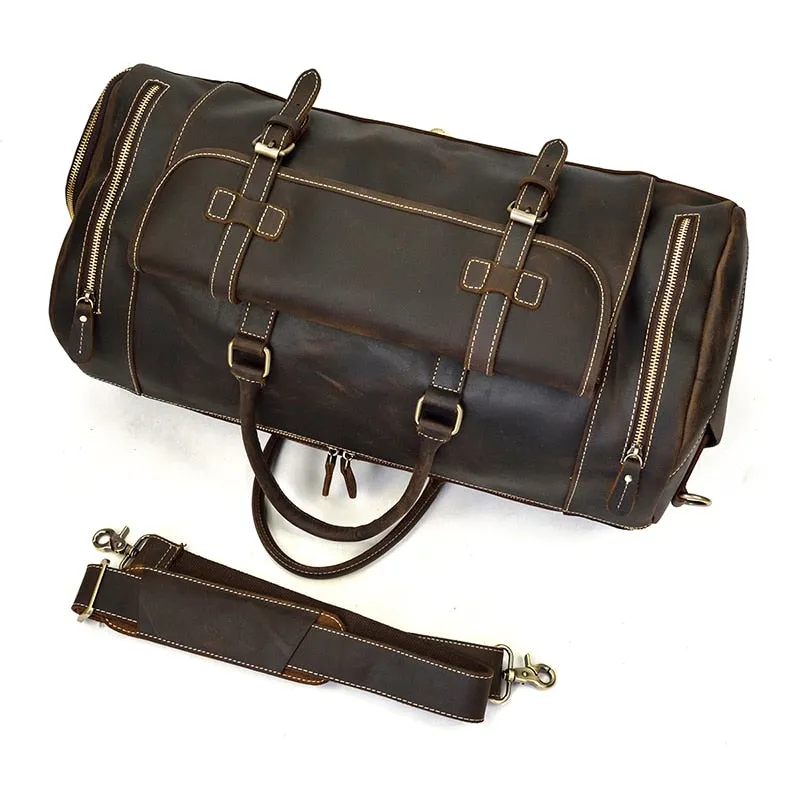 Vintage Crazy Horse Leather Travel Bag With Shoe Pocket