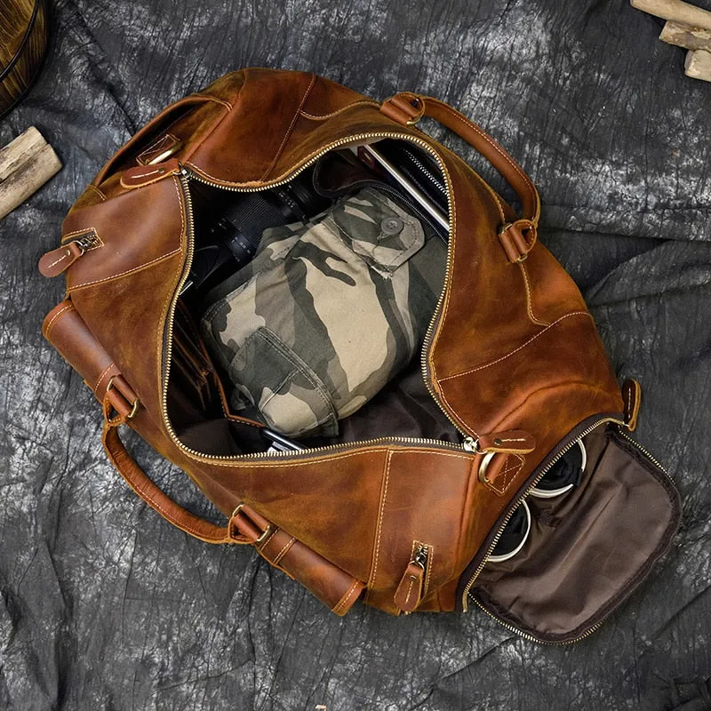 Vintage Crazy Horse Leather Travel Bag With Shoe Pocket