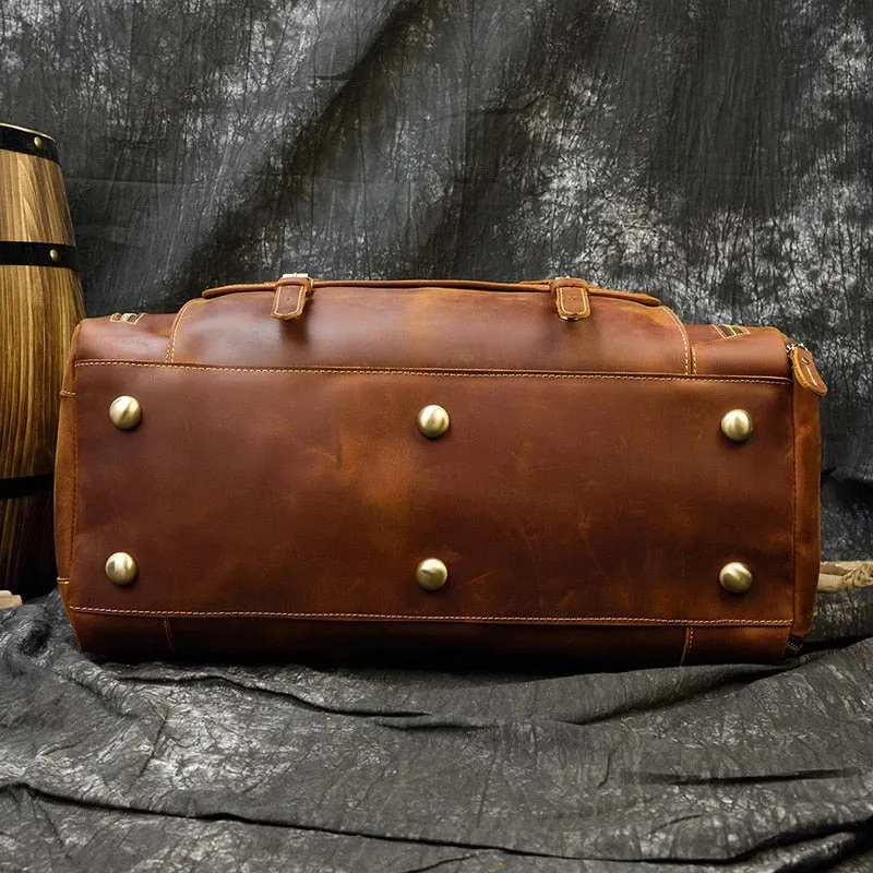 Vintage Crazy Horse Leather Travel Bag With Shoe Pocket