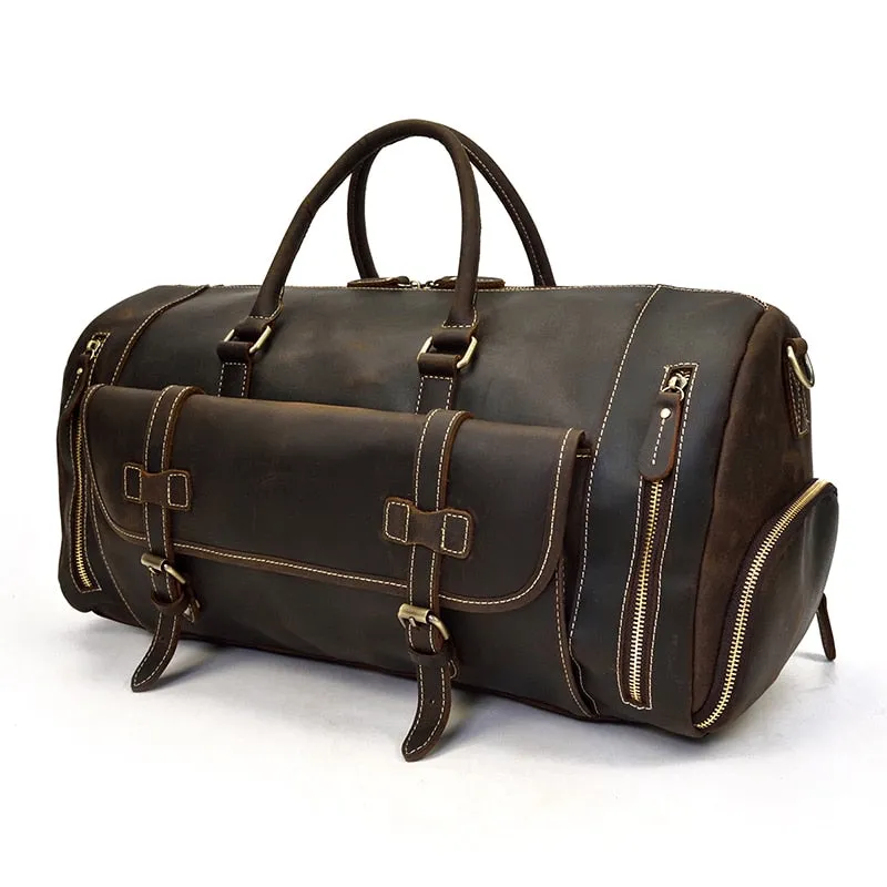 Vintage Crazy Horse Leather Travel Bag With Shoe Pocket
