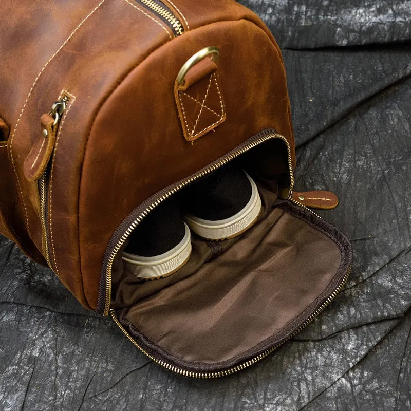 Vintage Crazy Horse Leather Travel Bag With Shoe Pocket