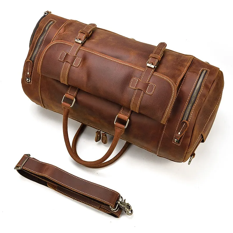 Vintage Crazy Horse Leather Travel Bag With Shoe Pocket