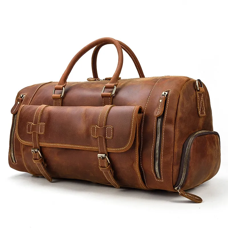 Vintage Crazy Horse Leather Travel Bag With Shoe Pocket