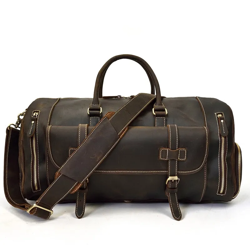 Vintage Crazy Horse Leather Travel Bag With Shoe Pocket