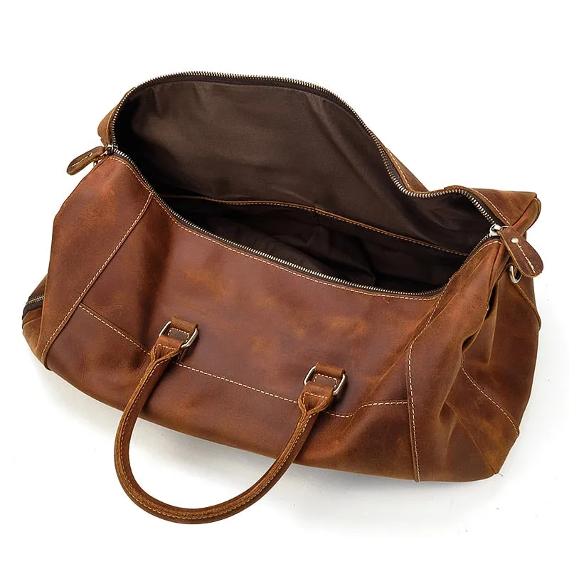 Vintage Crazy Horse Leather Travel Bag With Shoe Pocket