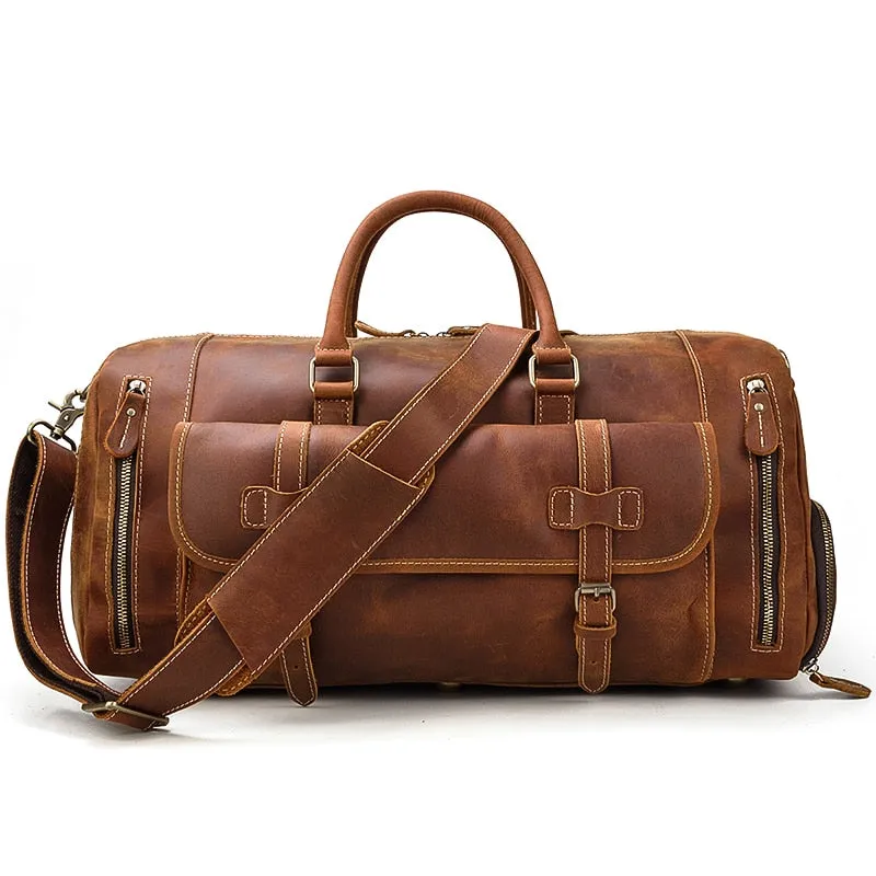 Vintage Crazy Horse Leather Travel Bag With Shoe Pocket
