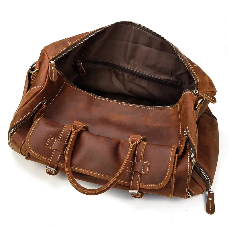 Vintage Crazy Horse Leather Travel Bag With Shoe Pocket