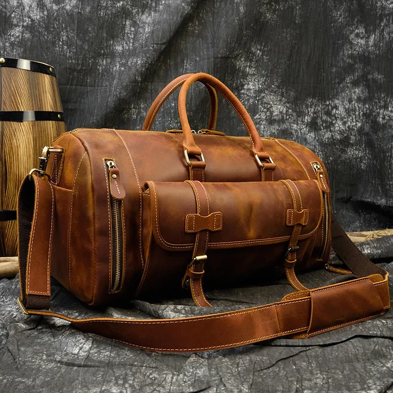 Vintage Crazy Horse Leather Travel Bag With Shoe Pocket