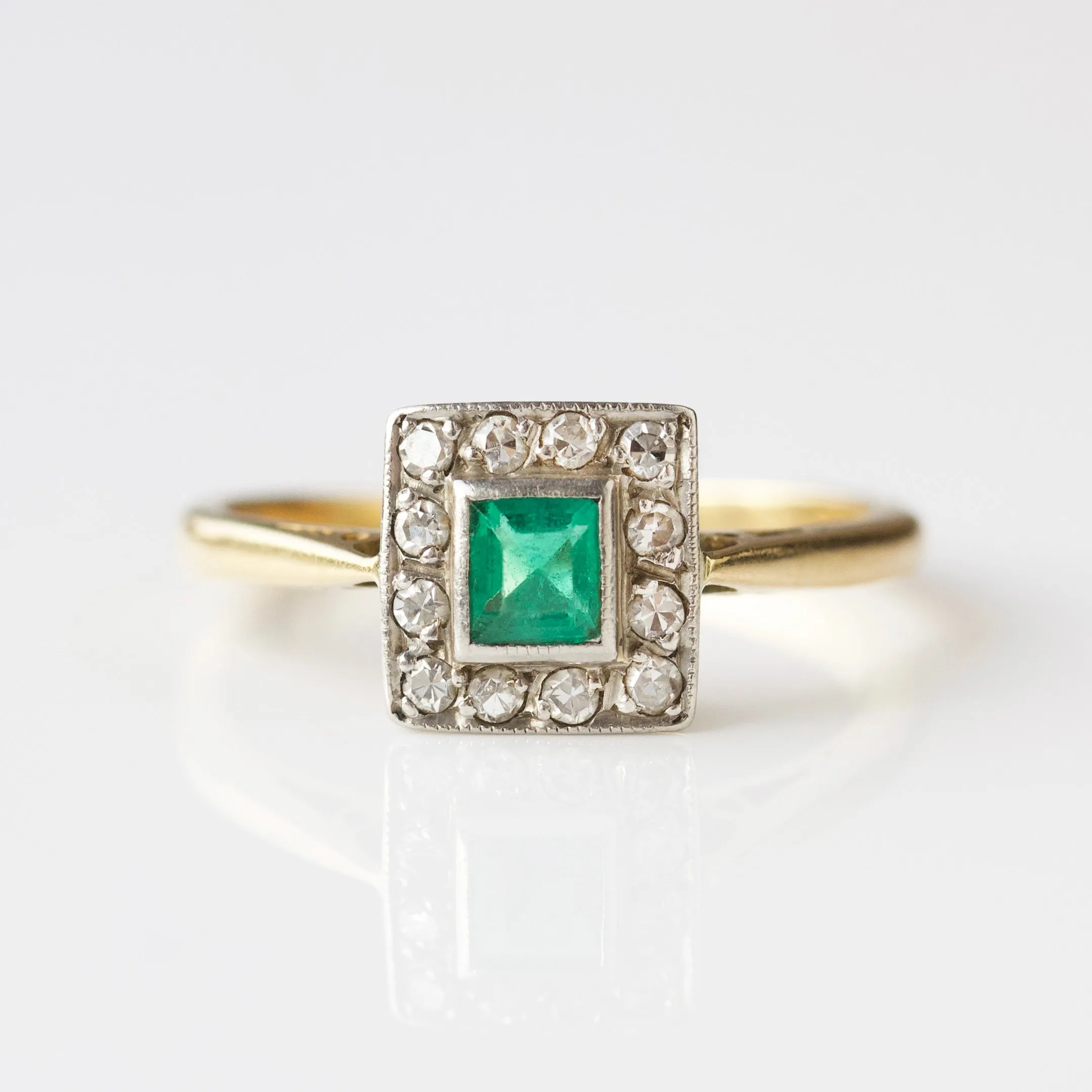 Vintage Emerald and Diamond 18k Yellow and White Gold Ring - UK Size O 1/2