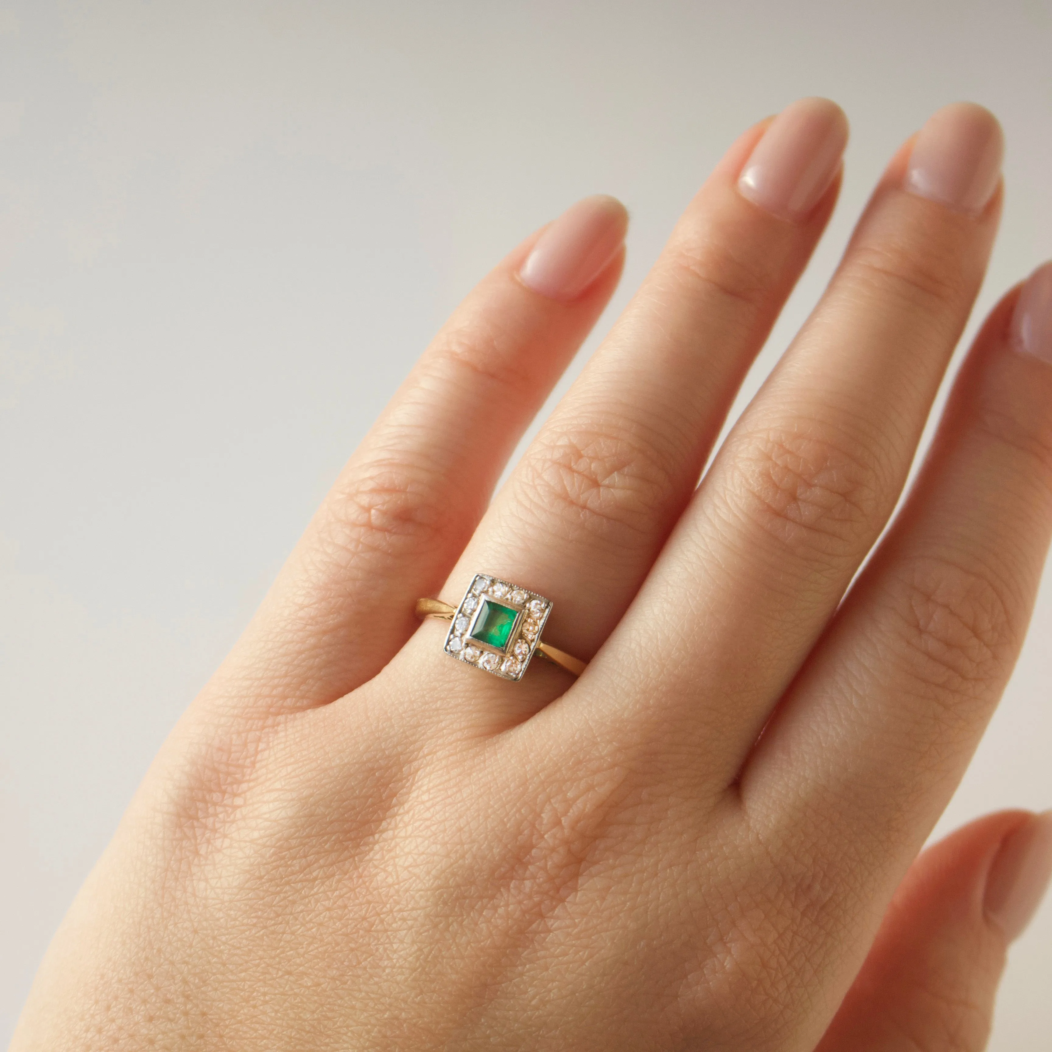 Vintage Emerald and Diamond 18k Yellow and White Gold Ring - UK Size O 1/2