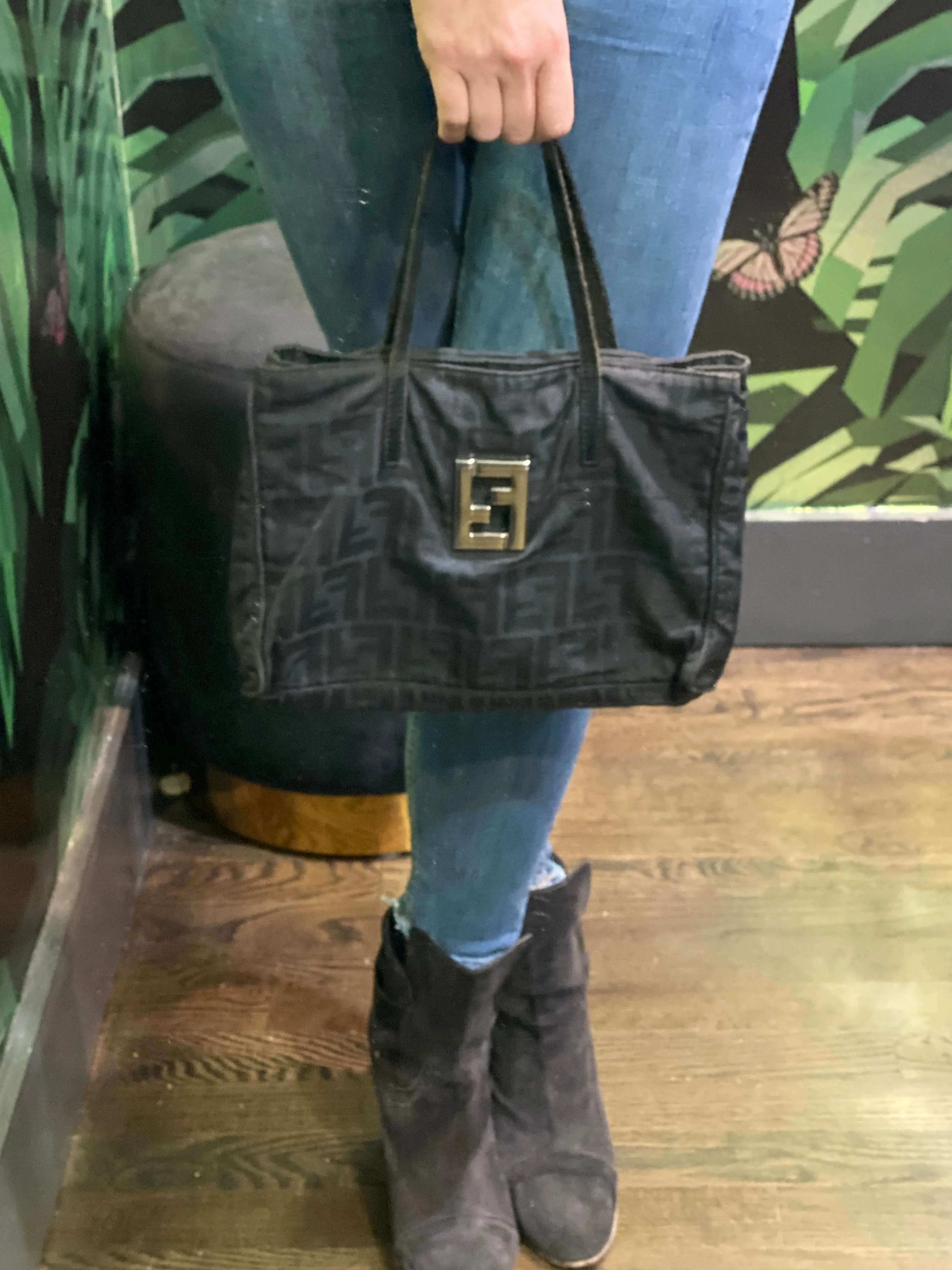 Vintage: Fendi Fabric with FF Monogram Mini-Tote with Silver Center Logo
