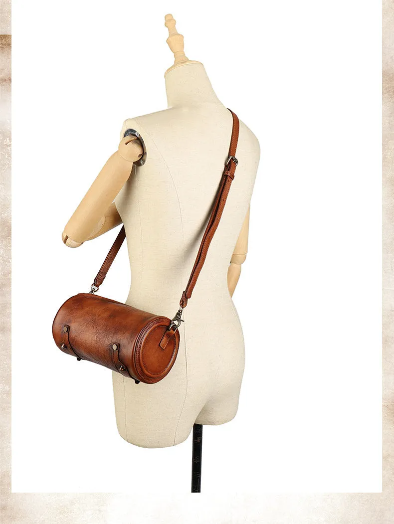 Vintage Green Leather Womens Barrel Shoulder Bag Bucket Crossbody Purse for Women