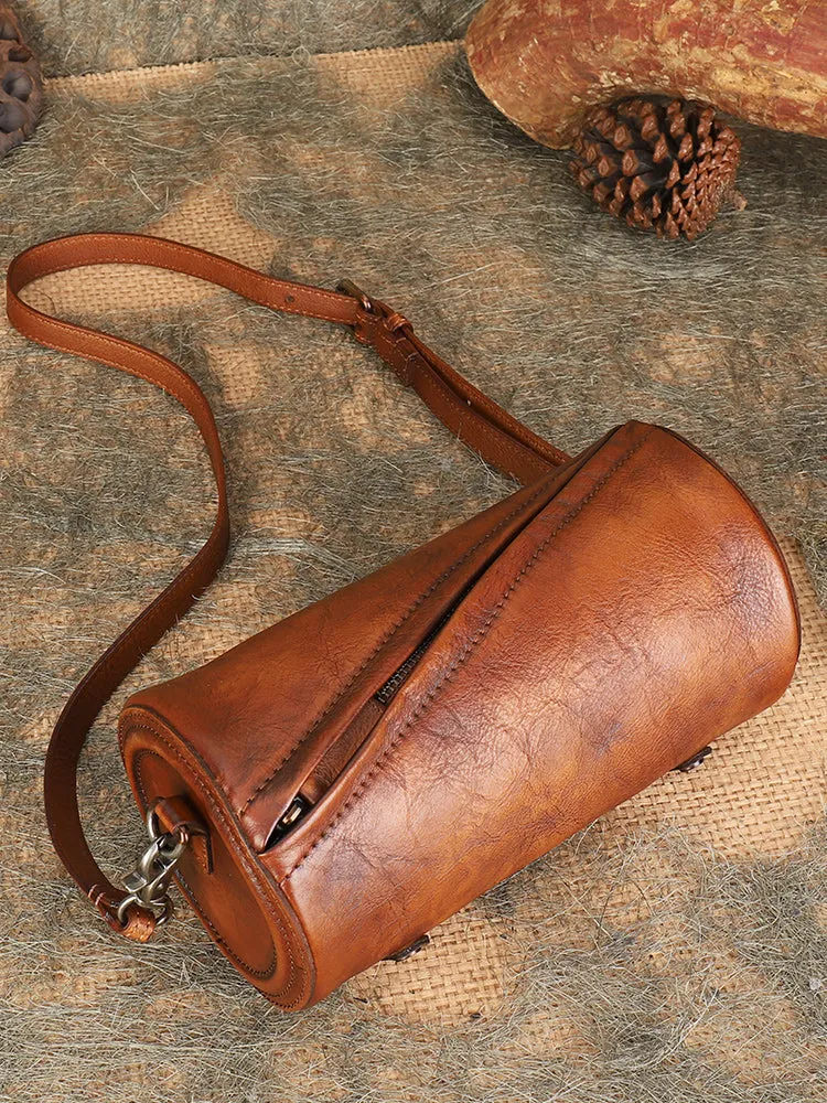 Vintage Green Leather Womens Barrel Shoulder Bag Bucket Crossbody Purse for Women