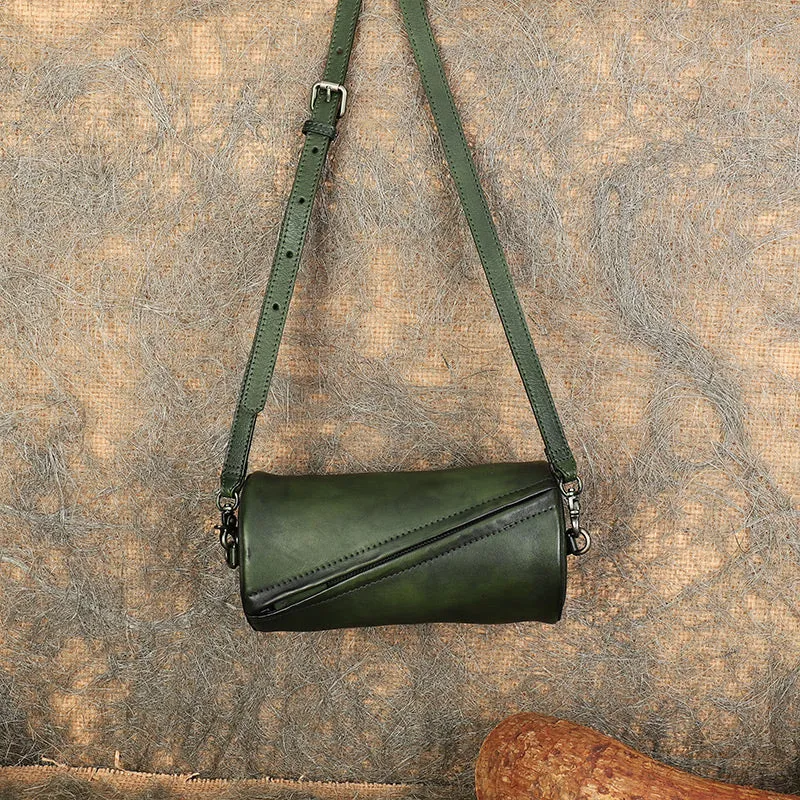 Vintage Green Leather Womens Barrel Shoulder Bag Bucket Crossbody Purse for Women