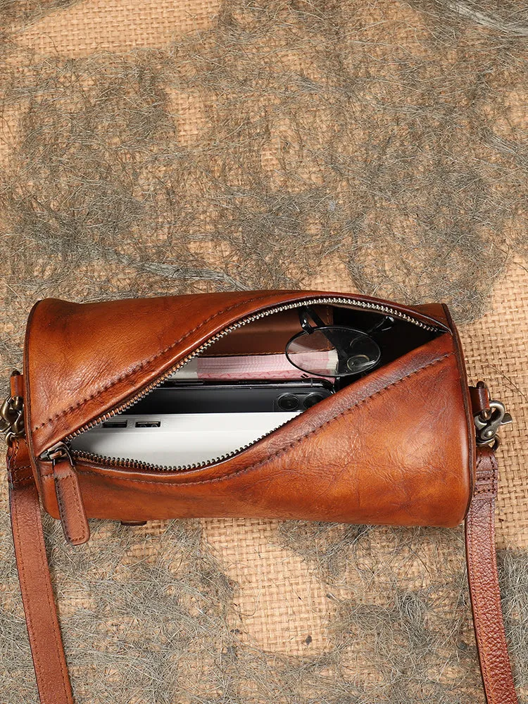 Vintage Green Leather Womens Barrel Shoulder Bag Bucket Crossbody Purse for Women