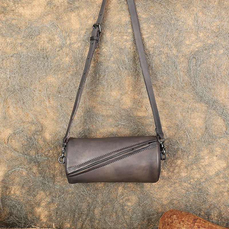Vintage Green Leather Womens Barrel Shoulder Bag Bucket Crossbody Purse for Women