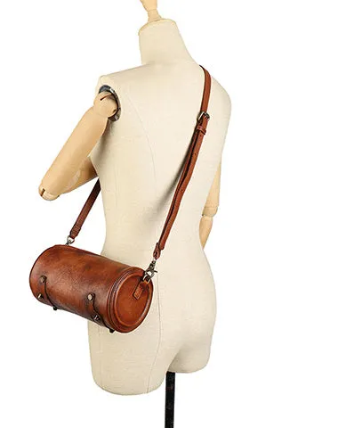 Vintage Green Leather Womens Barrel Shoulder Bag Bucket Crossbody Purse for Women