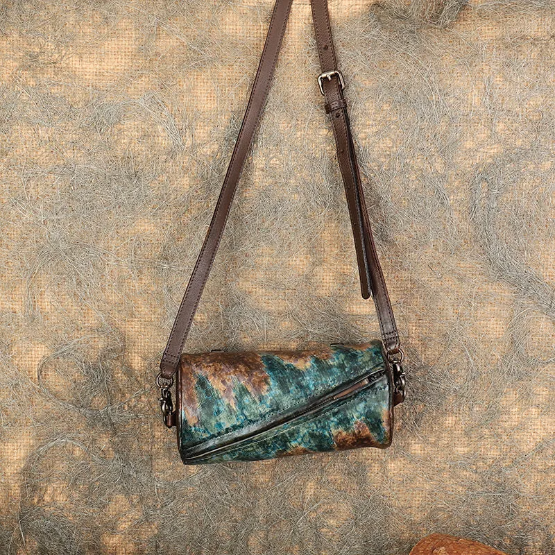 Vintage Green Leather Womens Barrel Shoulder Bag Bucket Crossbody Purse for Women