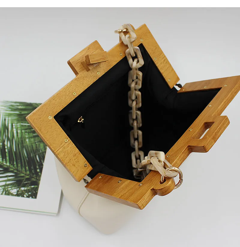 Women Box Bag Bucket Bag Wooden Clip Evening Bag Acrylic Chain