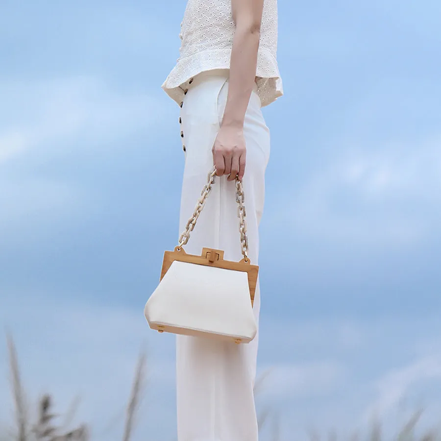 Women Box Bag Bucket Bag Wooden Clip Evening Bag Acrylic Chain