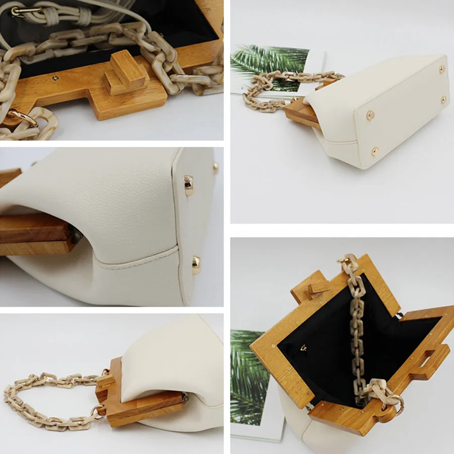 Women Box Bag Bucket Bag Wooden Clip Evening Bag Acrylic Chain