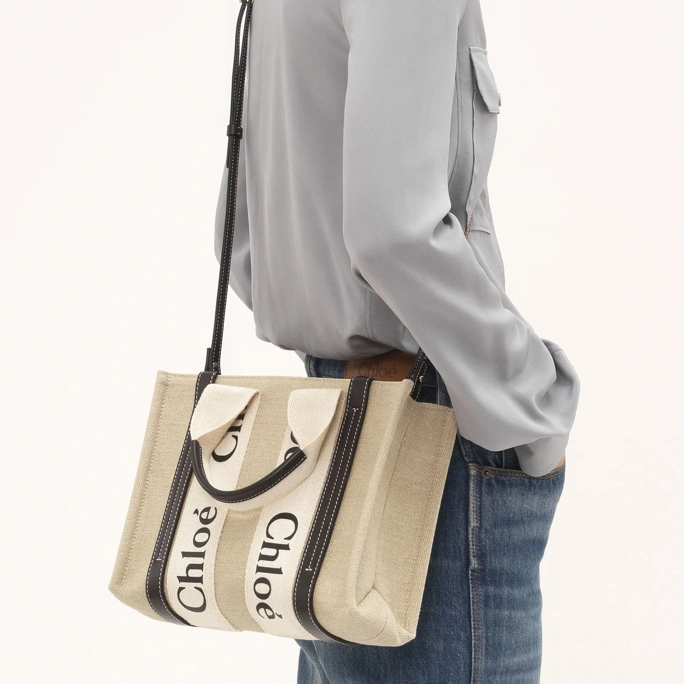 Woody Tote Small Strap Linen, White/Blue
